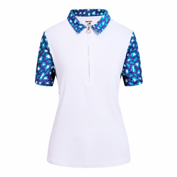 JRB Women's Golf Shirt - White with Lapis Green Print - Sleeved or Sleeveless